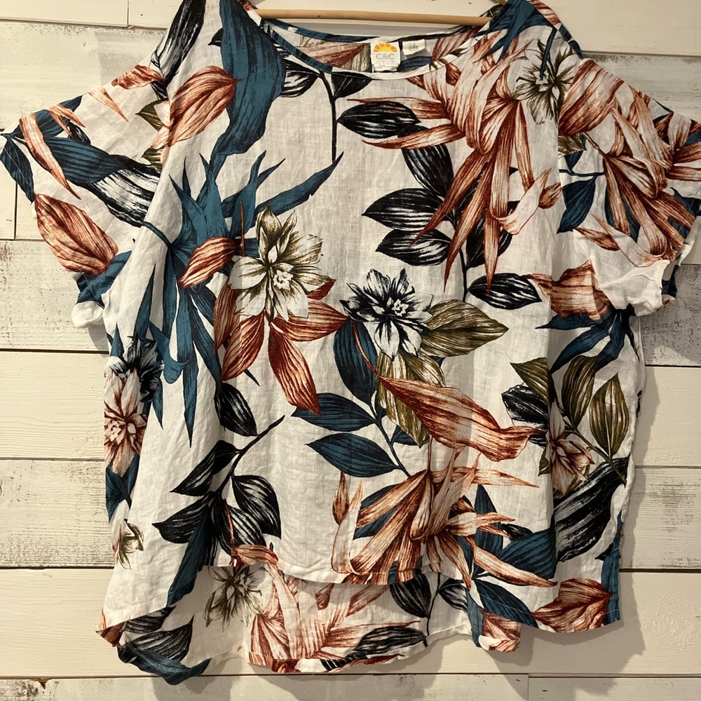 C&C California Tropical Patterned Resort Wear 100% Linen 3X High/Low Hem